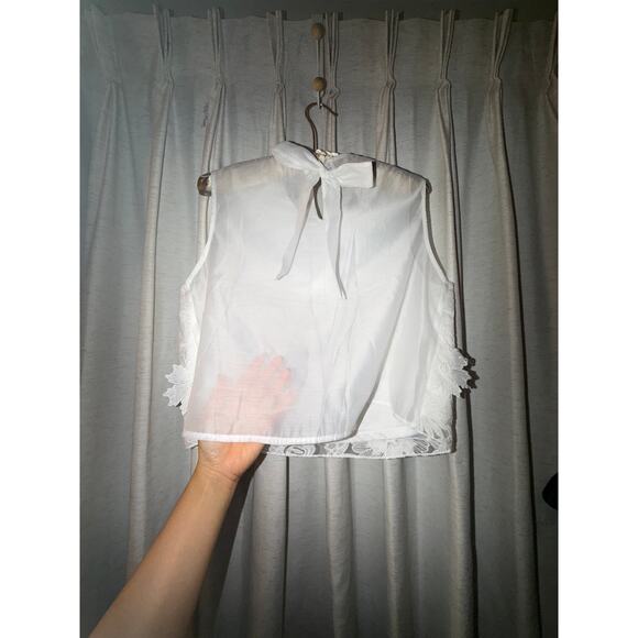 White 3D Floral Applique Sleeveless Crop Shell Top Ribbon Bow Sheer S M 90s 00s - Picture 6 of 10